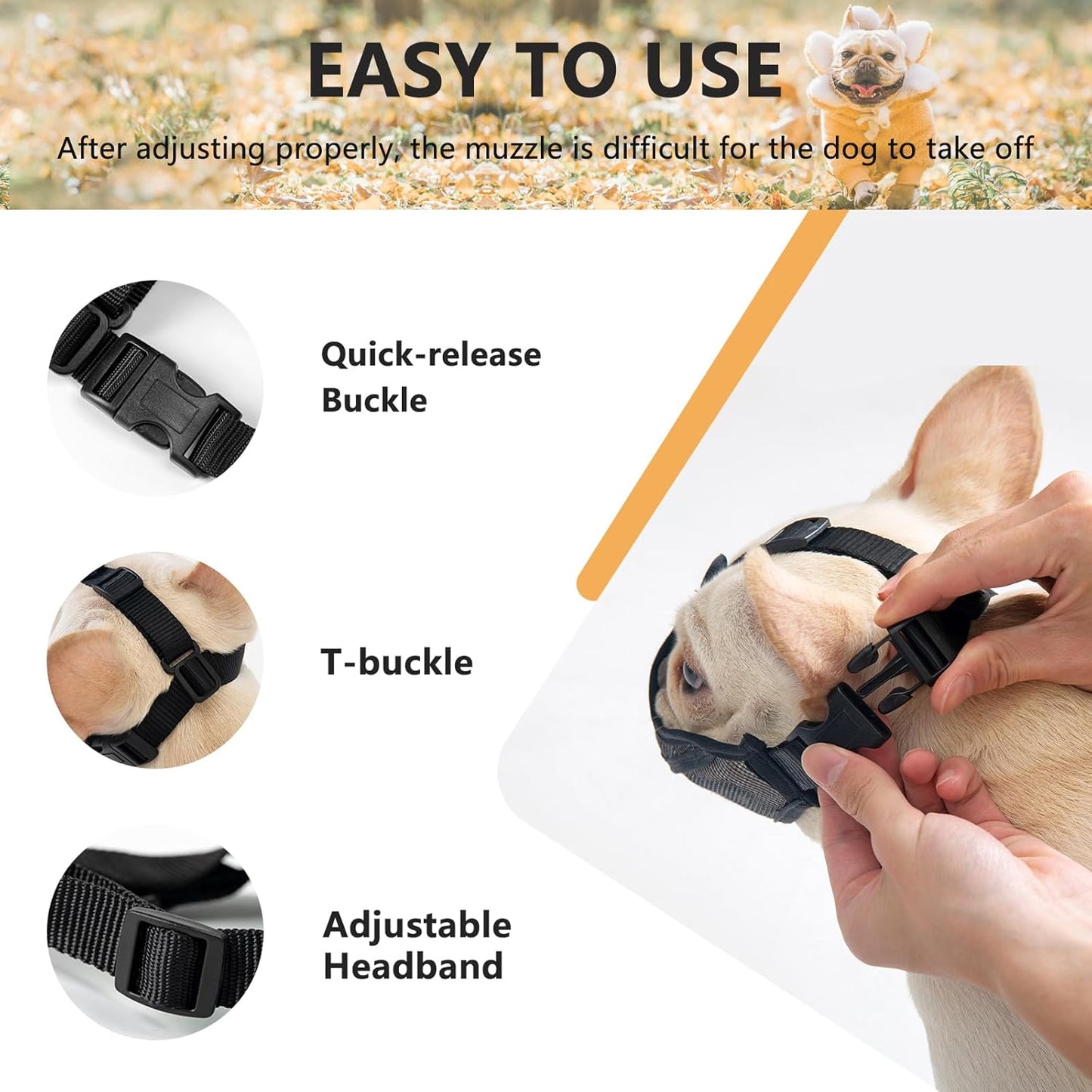 Short Snout Dog Muzzle, Won't Cover Forehead French Bulldog Muzzle, Anti-Biting Chewing Barking for English Bulldog, Pug, Pekingese(M,Black)