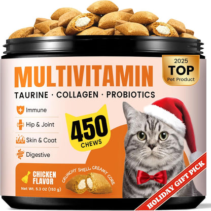 Cat Vitamin Treats with L-Lysine & Taurine – 12 Essential Vitamins & 5 Minerals, Cat Multivitamin Supplement for Immune, Joint & Skin Support, Daily Health Formula for Indoor & Senior Cats – 450 Chews