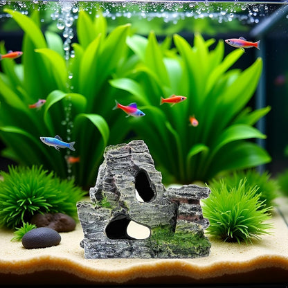 Resin Aquarium Mountain Decor with Moss Rock Cave - Multi-Level Terrain for Fish Tank Landscaping, Natural-Looking Rockery Design with Hidden Cave and Crevices for Shrimp, Reptile Habitat