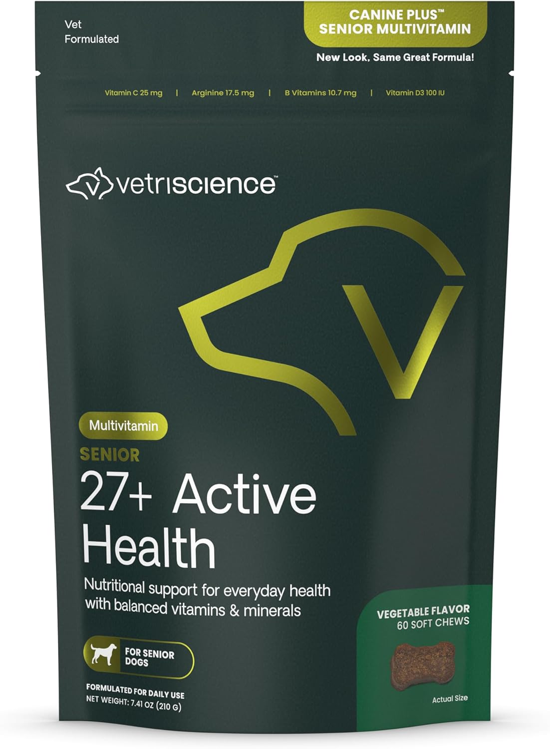 VetriScience Senior 27+ Active Health Chews, Canine Plus Daily Multivitamin for Senior Dogs, Balanced Vitamins, Minerals and Antioxidants, Healthy Aging and Wellness Support, Veggie, 60 Count