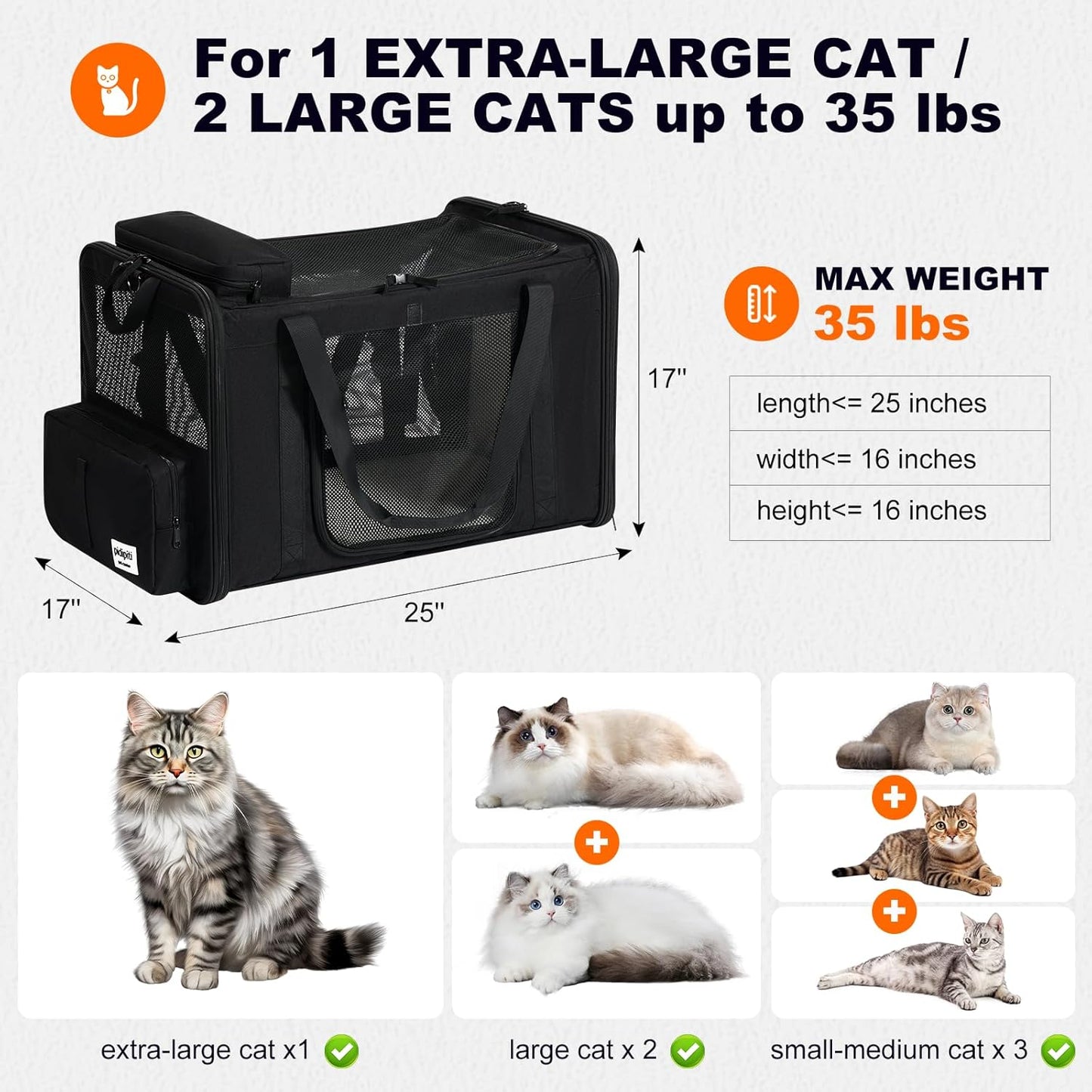 25''(L) x 17''(W) x 17''(H) Extra-Large Expandable cat Carrier for Long Distance car Travel,for 1 Extra-Large cat / 2 Large Cats / 3 Small-Medium Cats up to 35 lbs(Black)