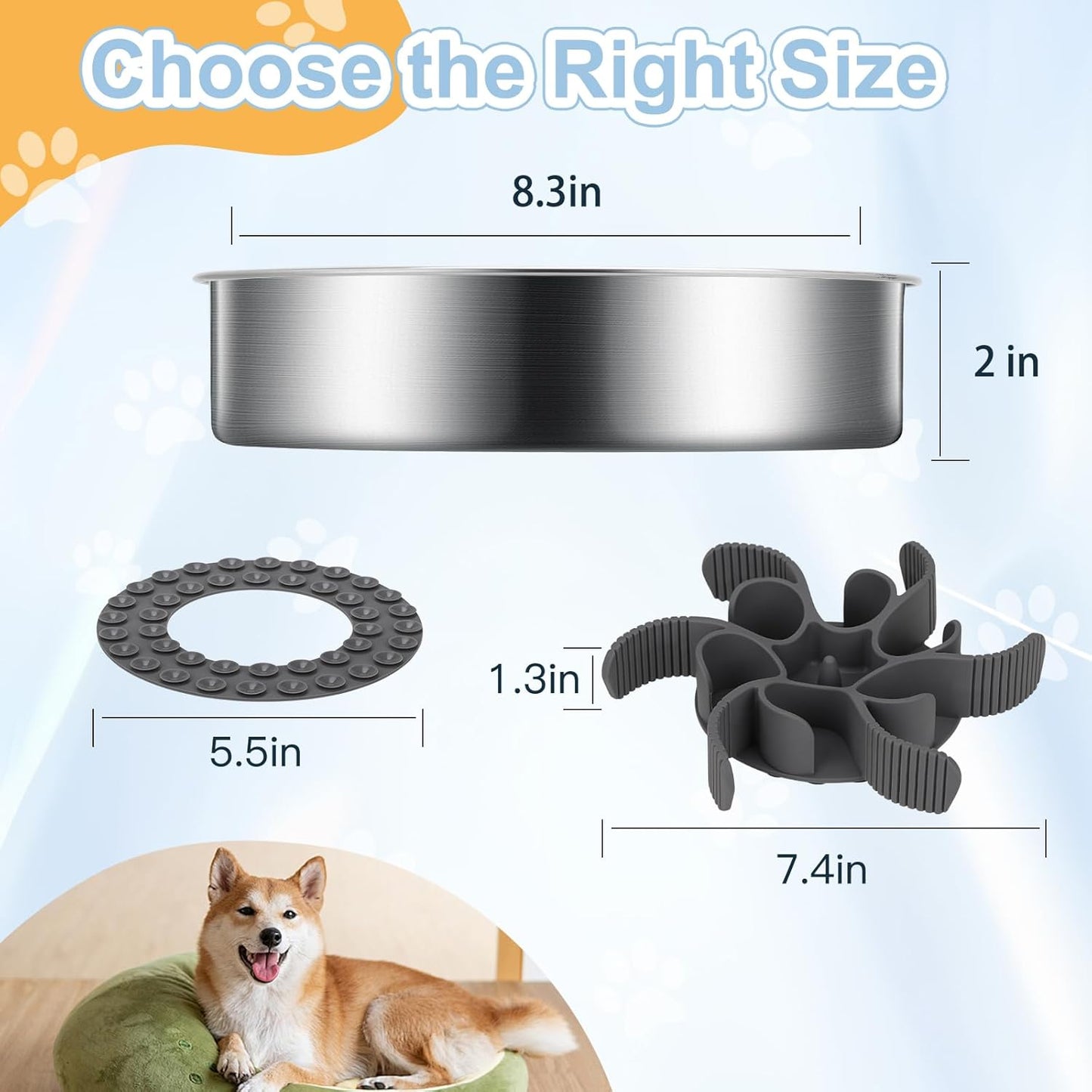 2-in-1 Slow Feeder Dog Bowls, Stainless Steel Pet Bowls with Silicone Slow Feeder Insert, Removable Non-Slip Rubber Base for Small, Medium, and Large Dogs to Slow Down Eating (Large Breed)