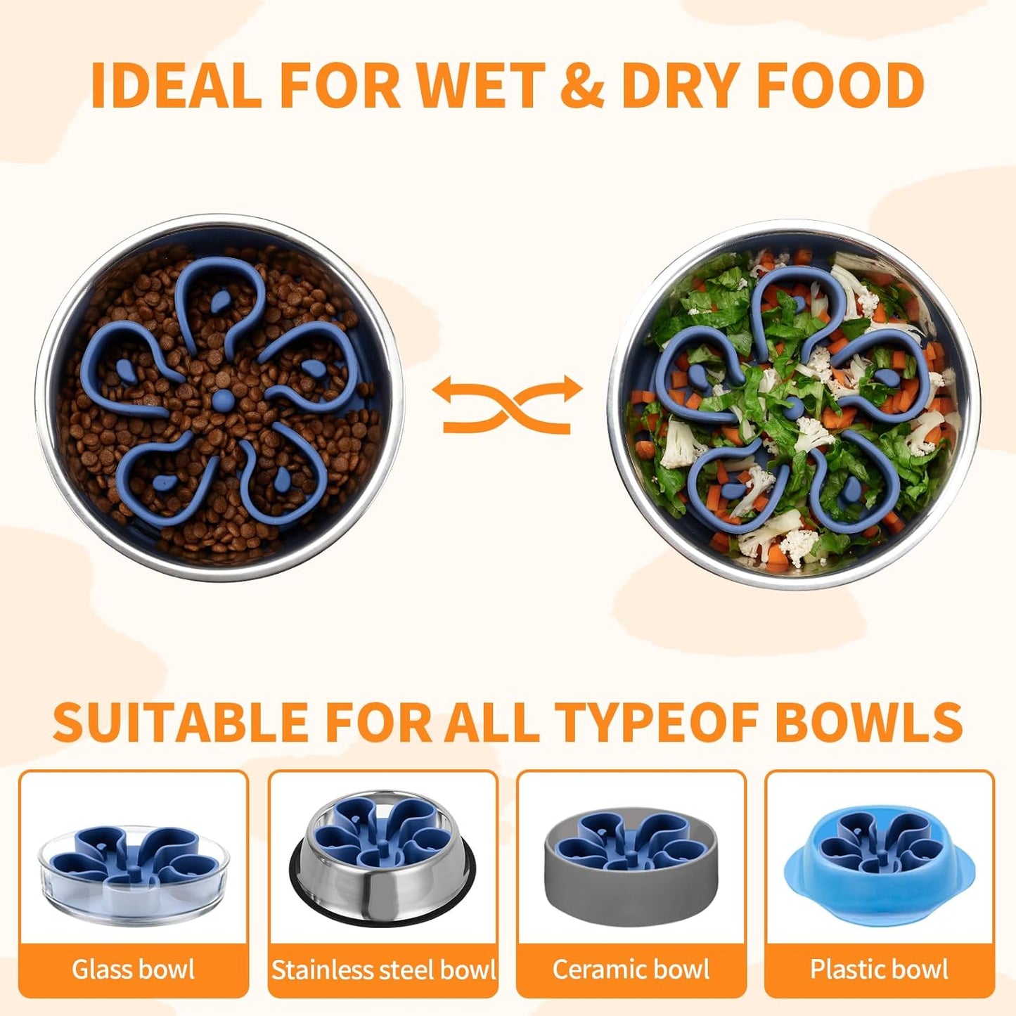 Slow Feeder Dog Bowls Insert, Bestalk Soft Silicone Slow Eating Dog Bowl Insert with Suction Cups for Small, Medium and Large Dogs(Darkblue M)