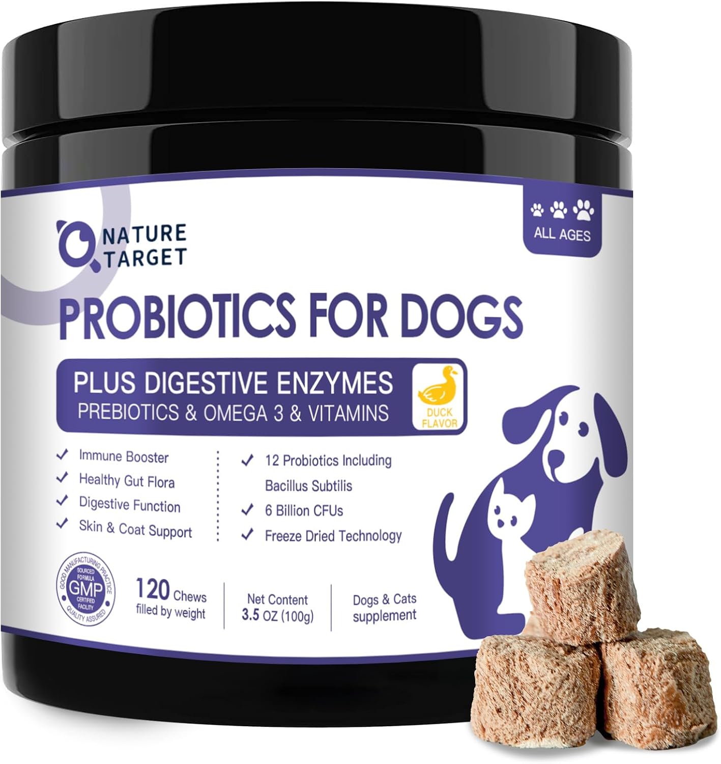 NATURE TARGET Probiotics for Dogs, Duck Flavored Dog Probiotics with Prebiotics and Digestive Enzymes for Dog Gut Health, Vitamins and Omega 3 for Skin & Coat & Immune Health - 120 Treats