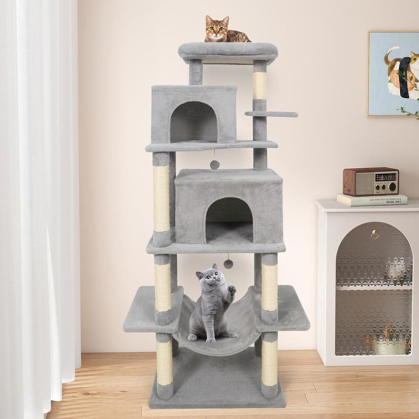 Tangkula 70 Inch Tall Cat Tree, Multi-Level Large Cat Tower with Sisal Scratching Posts, Plush Top Perch, 2 Condos, Hammock, 2 Dangling Balls, Cat Tree Tower for Indoor Cats Large Adults (Light Grey)