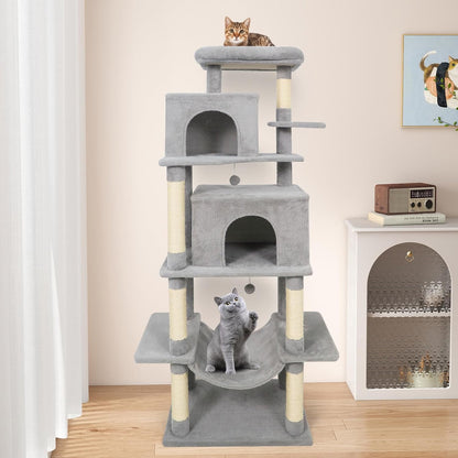 Tangkula 70 Inch Tall Cat Tree, Multi-Level Large Cat Tower with Sisal Scratching Posts, Plush Top Perch, 2 Condos, Hammock, 2 Dangling Balls, Cat Tree Tower for Indoor Cats Large Adults (Light Grey)