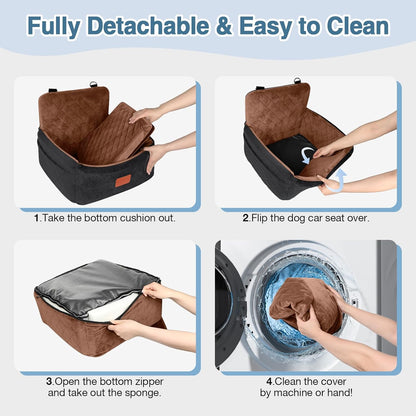 Dog Car Seat for Small Dogs Under 30lbs,Ultra Soft Fabric & Memory Foam Pet Travel Car Bed,Washable & Detachable,Anti-Slip Bottom,2 Storage Pockets and Safety Tethers(Black/Brown)