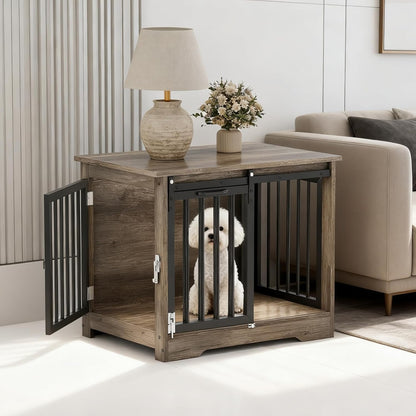 32" Dog Crate Furniture with Barn Doors for Small & Medium Dogs, Wooden Indoor Pet Kennel Furniture, Double Door Dog Cage & Side Table, Heavy Duty Chew & Escape Resistant