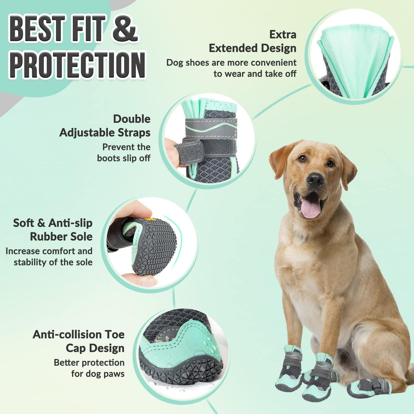 SlowTon Dog Shoes for Large Small Medium Dogs - Breathable Dog Boots for Summer Hot Pavement, Paw Protector for Outdoor Walking Winter Snow, Anti-Slip Rubber Dog Booties for Hardwood Floor (Green, 6)
