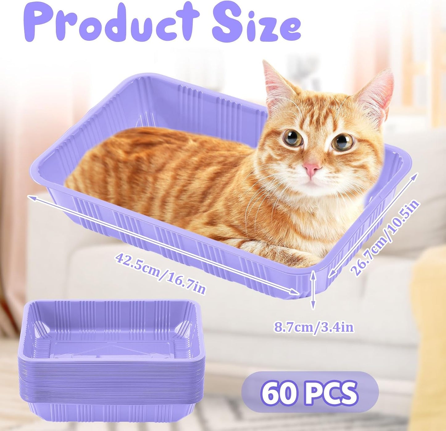 Tessco for you 60 Pack Cat Disposable Litter Boxes Plastic Kitty Litter Trays Recyclable Pans for Pet Travel, 16.7 x 10.5 x 3.4 Inch (Light Purple)