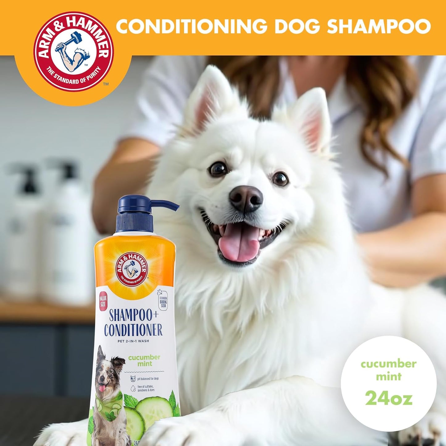 Arm & Hammer for Pets 2-in-1 Shampoo & Conditioner for Dogs, Value Size Bottle with Pump | Dog Shampoo & Conditioner in One | Cucumber Mint, 24 Ounce Bottle Dog Shampoo and Conditioner for All Dogs