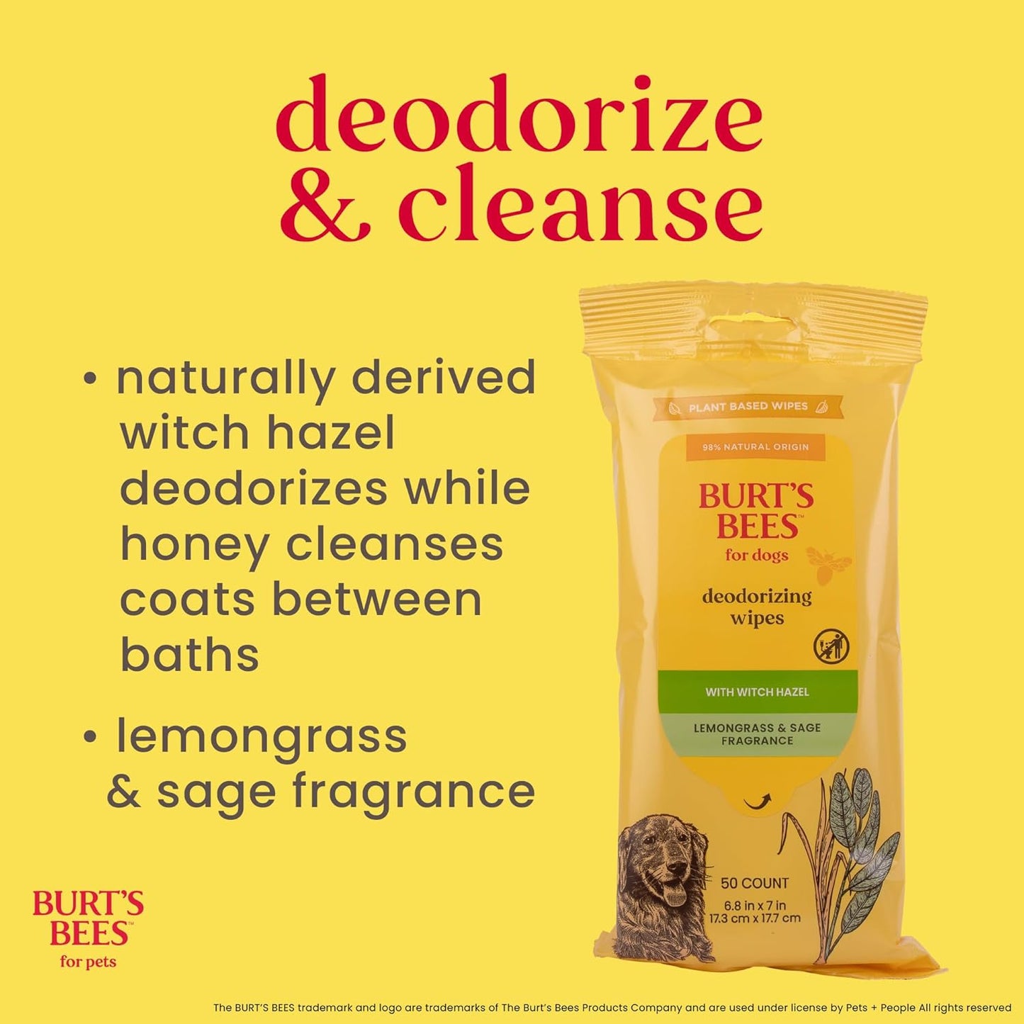 Burt's Bees for Pets Deodorizing Wipes with Witch Hazel, 95% Natural Origin Formulas, Odor Control Dog Wipes - Gentle Dog Deodorizing Wipes, Lemongrass and Sage Fragrance 50ct
