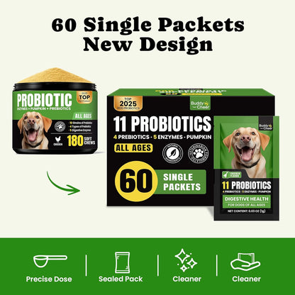 Probiotics for Dogs - Dog Probiotics Powder with 11 Strains, 4 Prebiotics & 5 Enzymes, Pet Probiotic Help Flora Balance, Digestion Health & Gut Support, Diarrhea and Yeast Infection -60 Single Packets