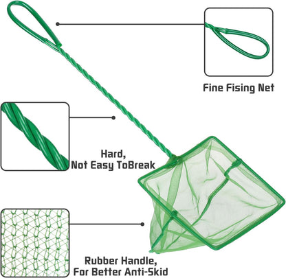 3PCS Aquarium Fish Net Fine Mesh Net Quick Catch Nets Nylon Fishing Nets with Long Plastic Handle for Fish Tank, Green, 3in 4in 6in