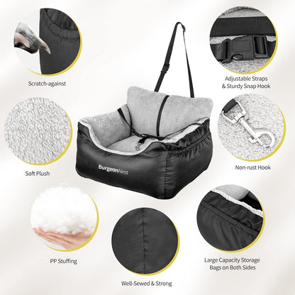 BurgeonNest Dog Car Seat for Small Dogs, Soft Pet Car Travel Home Bed Under 25 lbs, Fully Detachable and Washable Cat Booster Carseats with Storage Pockets and Clip-On Leash Portable Carrier,Black