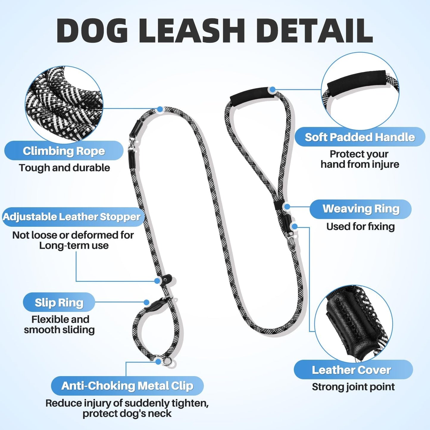 Lukovee Slip Lead Dog Leash, 4-6 FT x 1/2" Adjustable Tangle Free Leash, Heavy Duty Comfortable Reflective No Pull Training Rope Lead with Padded Handle for Medium Large Dogs (Black, S: 4-6 FT)
