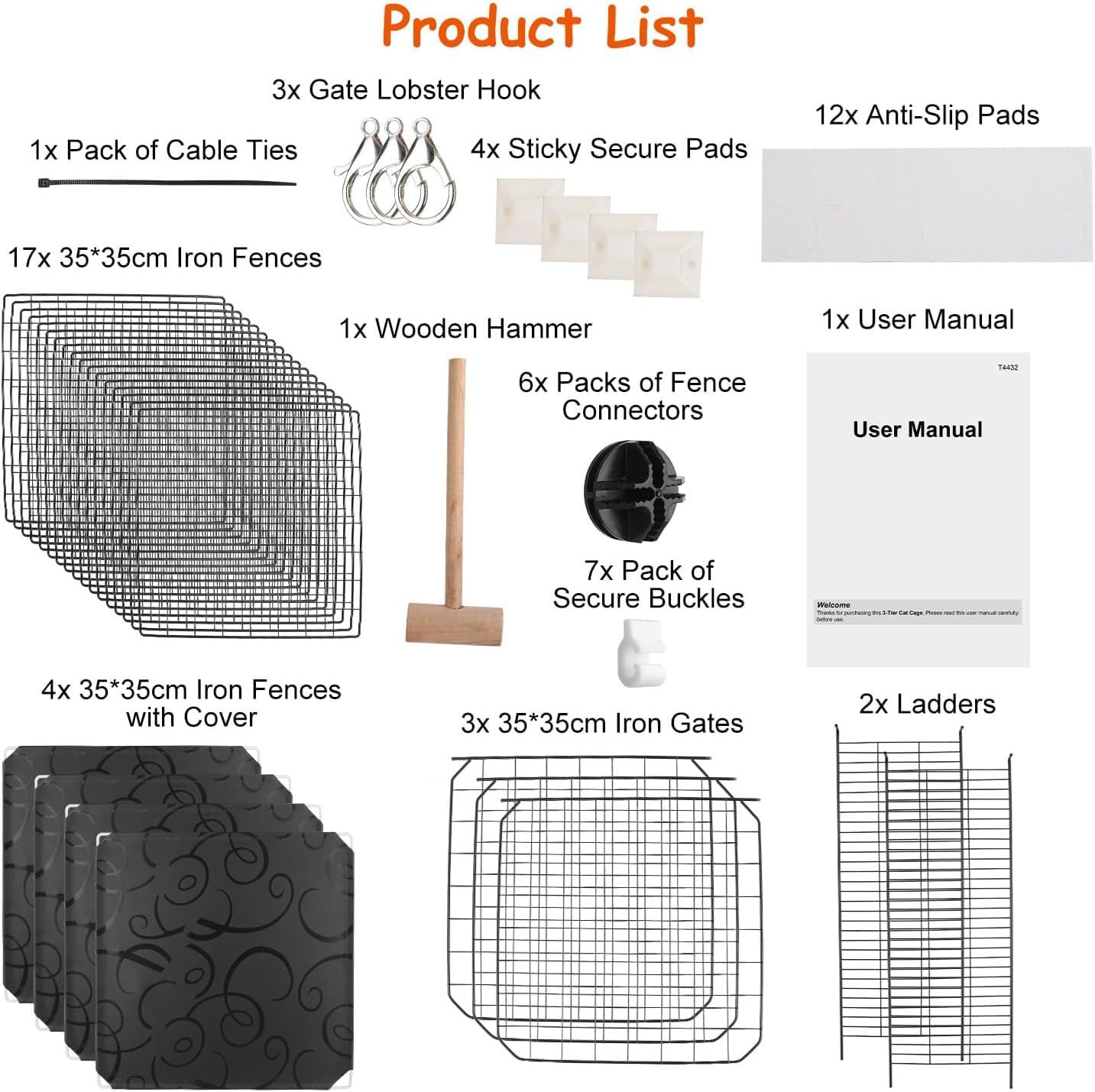 Large 3-Tier Cat Cage, Indoor Cat Enclosures Pliable DIY Cat Playpen, Detachable Metal Wire Kennels Cat Crate Box House with 3 Doors 2 Ramp Ladders for 1-2 Cats, 28.3"L x 14.1"W x 42.2"H,Black