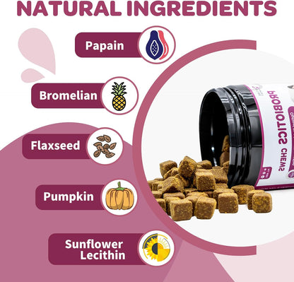 NATURE TARGET Probiotics for Dogs & Digestive Enzymes for Digestive Health - Plus Fish Oil & Vitamins Supplement for Allergies & Immune & Itchy Skin, 120 Chicken Flavor Probiotic Soft Chews