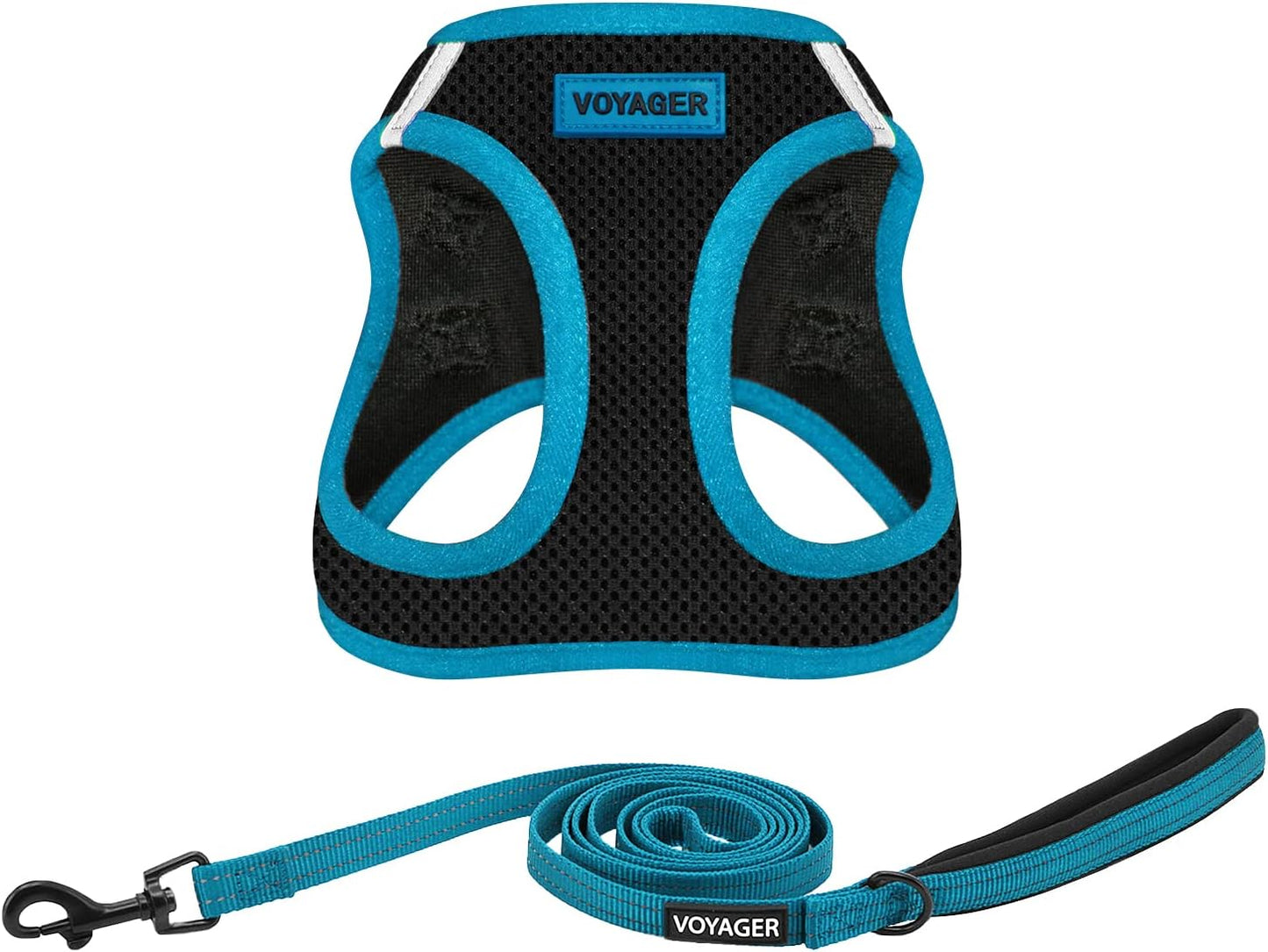 Best Pet Supplies Voyager Step-in Air All Weather Mesh Harness and Reflective Dog 5 ft Leash Combo with Neoprene Handle, for Small, Medium and Large Breed Puppies - Black/Blue Trim, X-Small