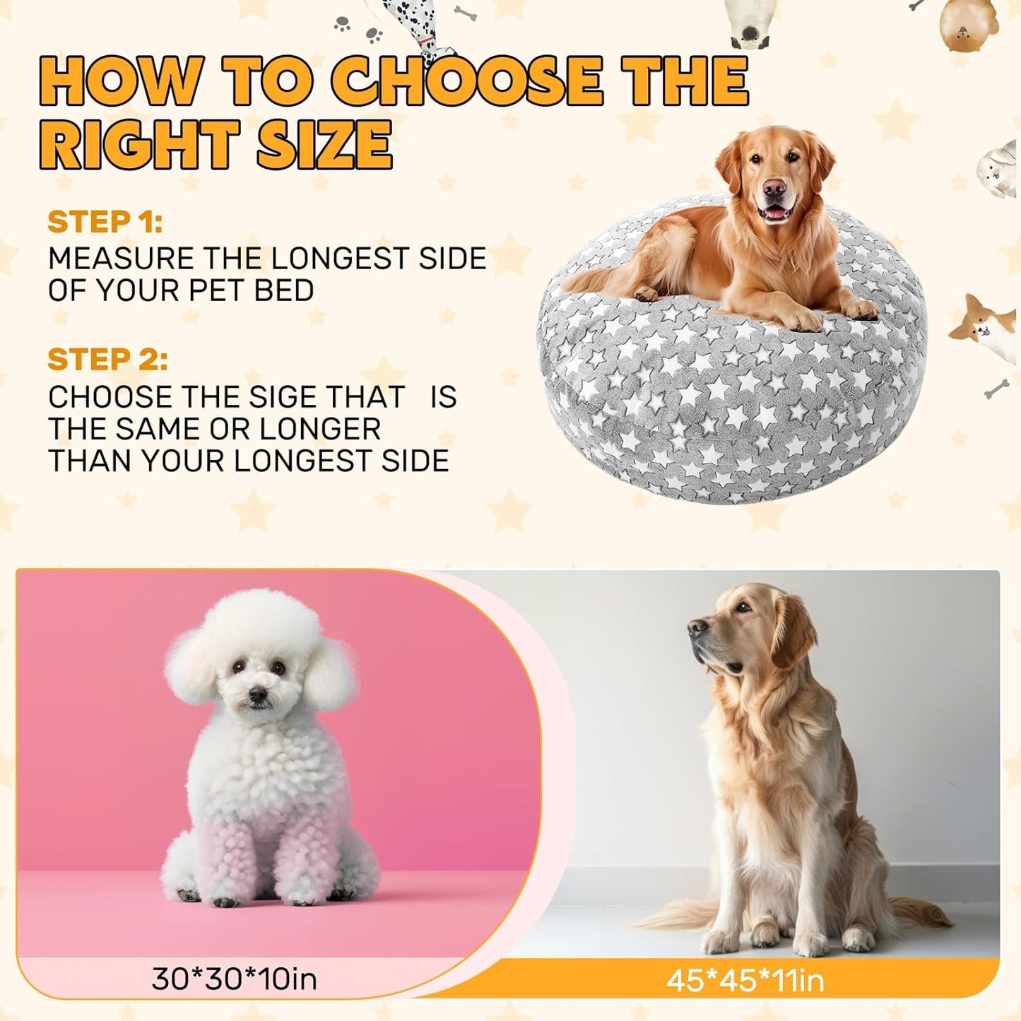 Youyole Washable Dog Bed Cover Replacement Waterproof Round Bed Cover for Dog Gray Soft Pet Beds Protector Sheet with Lovely Star Print for Donut Beds & Pet Couch (45 x 45 x 11 Inch)