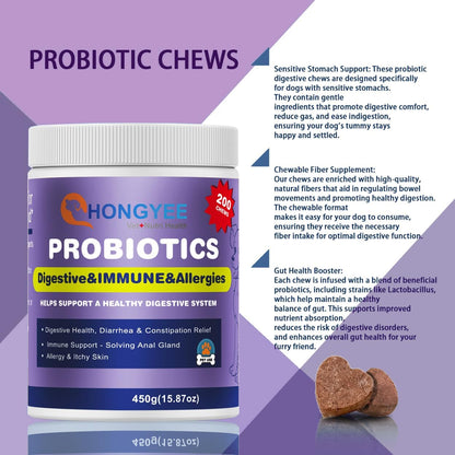 Dog Probiotics & Enzymes 200 Chews with Papaya | Pumpkin | Krill oi, for Dogs & Cats Gut Health | No Poop Odor | Constipation | Diarrhea | Relieve Anal Gland Relief | Digestive | Immune -Vet Approved