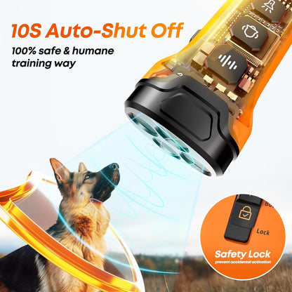 Dog Bark Deterrent Device, 3X Sonic Emitters, Dual-Frequency Bark Control, Flashlight & Sound Modes, Humane No-Bark Trainer, Safety Lock, USB-C Rechargeable (Orange)