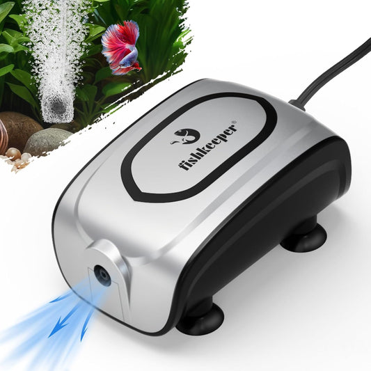 fishkeeper Quiet 3W/5W Aquarium Air Pump - Small & Powerful Dual Outlet Fish Tank Air Pump, Adjustable Oxygen Aerator Pump with Air Stone Bubbler Kits for 1-160Gal Fish Tanks (Silver-Gray, 2025 New)