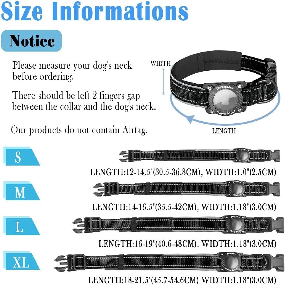 Upgraded AirTag Dog Collar, IP68 Waterproof Dog Collar with Apple Air Tag Holder, Reflective Adjustable Heavy Duty Dog Collars with Soft Padded for Small, Medium and Large Dogs,Black, L