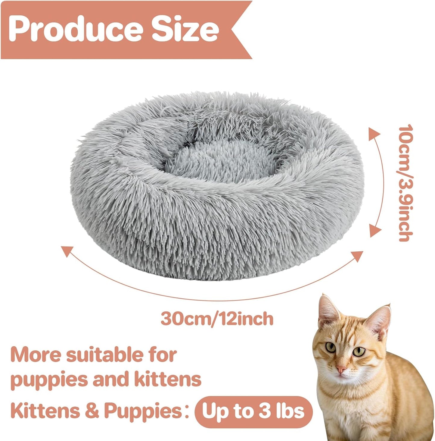 Cat Bed - Calming Cat Bed for Small Kittens Donut Washable Round for Indoor Kittens and Puppies, Anti-Slip Round Fluffy Plush Faux Fur, Small, Light Grey