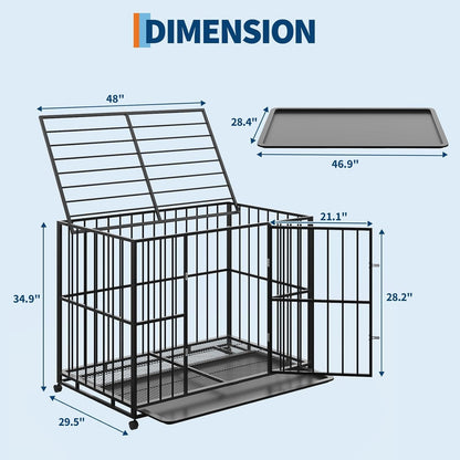 Heavy Duty Stainless Steel Dog Crate for Large & XL Breeds - Indestructible Escape-Proof Kennel with Locking Wheels - Collapsible, Chew-Resistant Indoor/Outdoor Cage with Easy-Clean Removable Tray