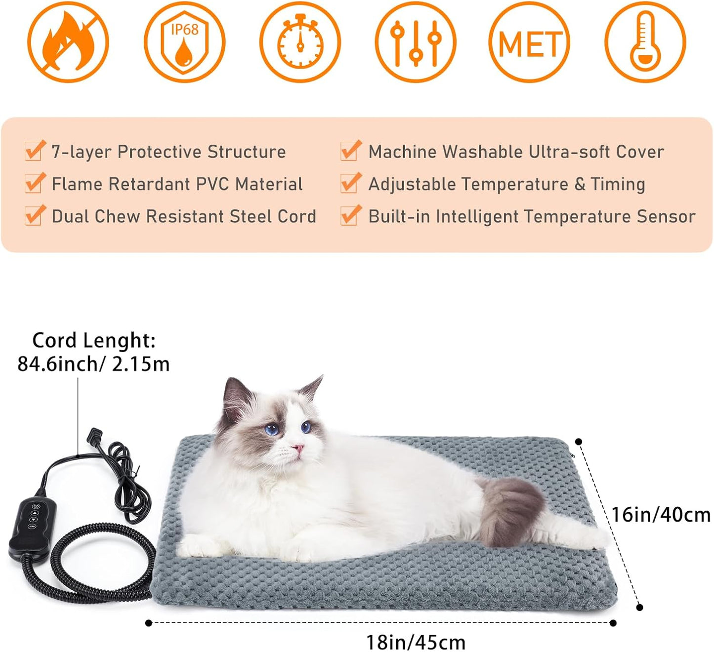 INVENHO Heated Cat Bed, Waterproof Adjustable Temperature Dog Cat Heating Pad with Timer, Indoor Pet Heating Pad for Cats Dogs Electric Pads for Dogs Cats, Pet Heated Pad (S: 18" x 16")