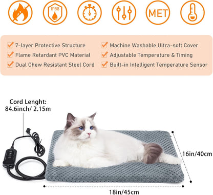 INVENHO Heated Cat Bed, Waterproof Adjustable Temperature Dog Cat Heating Pad with Timer, Indoor Pet Heating Pad for Cats Dogs Electric Pads for Dogs Cats, Pet Heated Pad (S: 18" x 16")