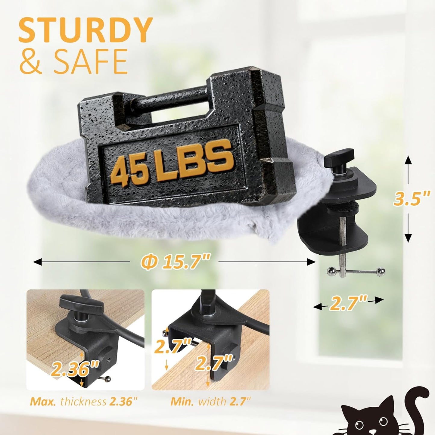 Topmart Cat Desk Bed with 360° Rotating, Cat Hammock for Desk with 2 Washable Pads, Easy to Install, Kittens Bed for Desk Attachment for Home Office,Up to 45LBS, Grey & Black