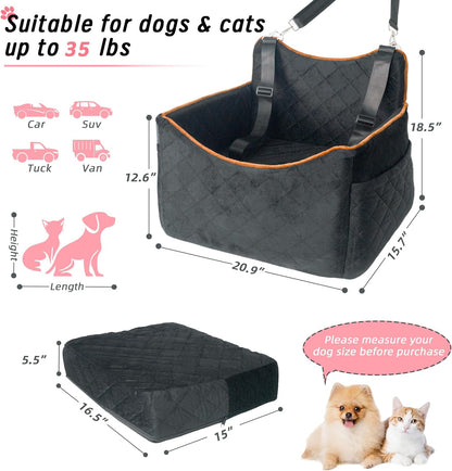 iPEGTOP Dog Car Seat for Small Medium Dogs Under 35 lbs, Washable Safety Cat Dog Booster Puppy Travel Bed with Memory Foam Cushion Secure Safe Buckles & Clip-On Leash, Black