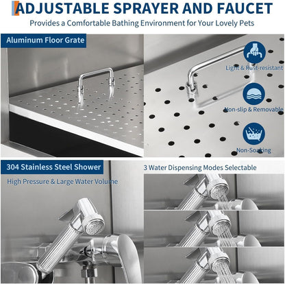 62" Pet Dog Bathing Station with Ramp, Professional Stainless Steel Dog Grooming Tub with Soap Box, Faucet, Dog Bathtub for Large,Medium,Small Pets, Washing Sink for Home