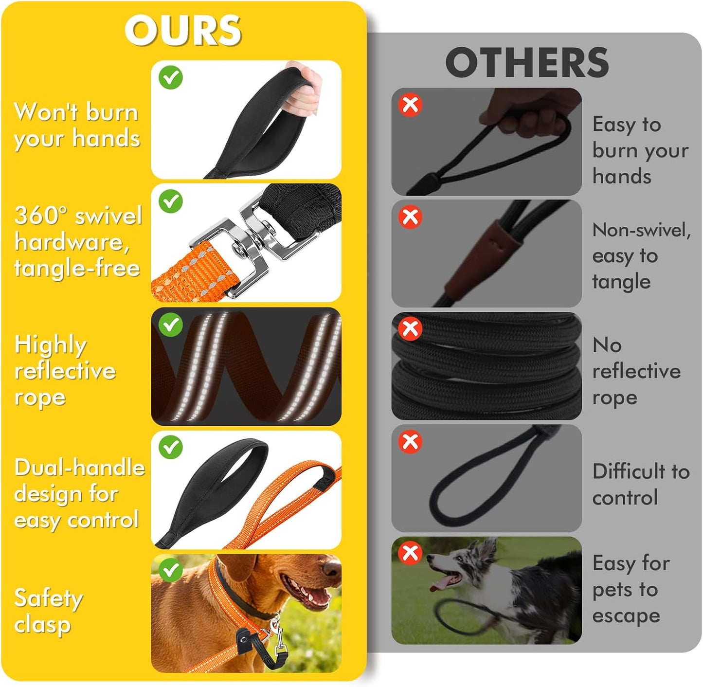 XiaZ Slip Lead Dog Leash, 6 FT Flat Rope Slip Leash with Double Handles and Collar Attachment, No Pull Pet Training Lead with Highly Reflective for Small Medium Large Dogs Orange