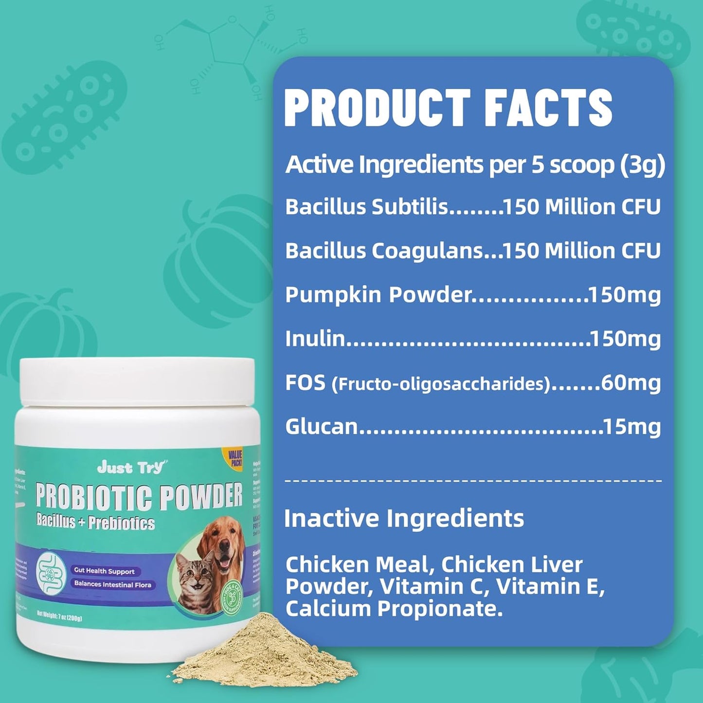 Pet Health Supplement, Hairball Relief, Immune Support, Urinary Care & Probiotics Powder for Cats & Dogs, 1.7OZ/2.7OZ/3.7OZ/4.7OZ (Probiotics)