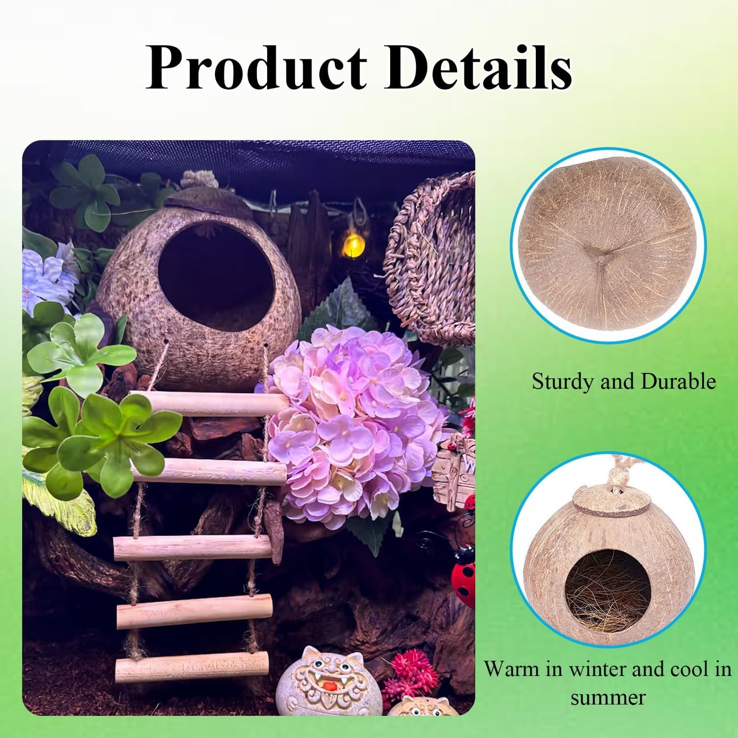 Crested Gecko Tank Accessories，Reptile Vines Plants with Coconut Shell Ladder Hideout Hermit Crab Decor for Bearded Dragon Lizard Chameleon Tortoise Snake