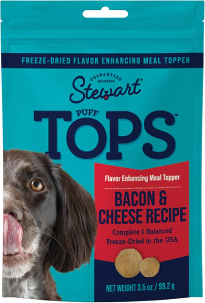 Stewart Freeze Dried Dog Food Topper, PuffTops, Bacon & Cheese, 3.5 Ounce Resealable Pouch, Flavor Enhancing Meal Topper or Dog Treat, Made in USA