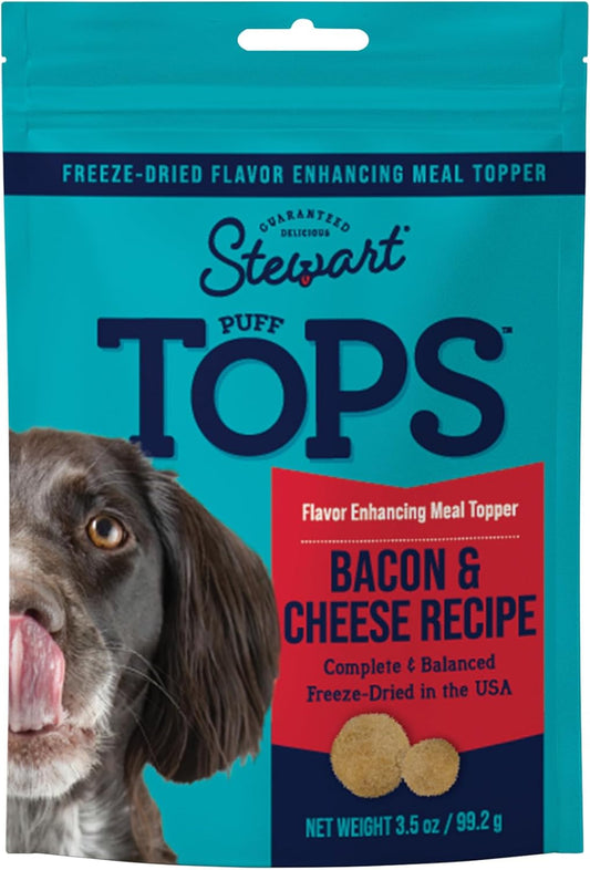 Stewart Freeze Dried Dog Food Topper, PuffTops, Bacon & Cheese, 3.5 Ounce Resealable Pouch, Flavor Enhancing Meal Topper or Dog Treat, Made in USA