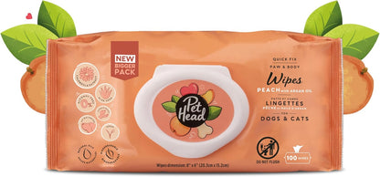 Pet Head Quick Fix Paw and Body Wipes for Cats and Dogs | Peach Scent with Aloe Vera | Biodegradable Pet Hygiene Cleaning Wipes | pH-Neutral | Vegan | For an Easy & Speedy Freshen-Up | 100 pack