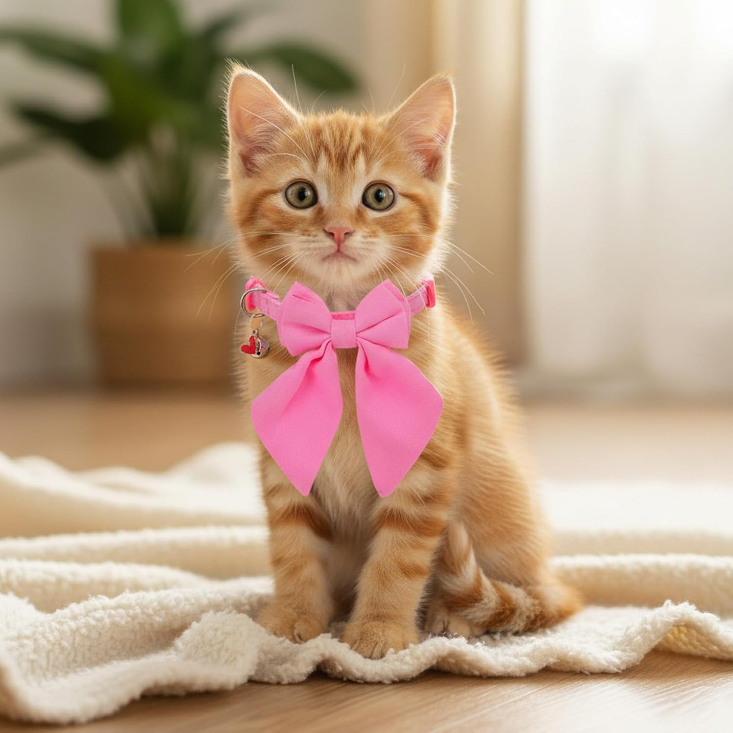 2 Pack Pink Cat Collar with Bow, Cute Cat Collar Breakaway with Bells, Pink Bowtie for Girl Cats, Cute Small Kitten Collars with Removable Safety Bowtie