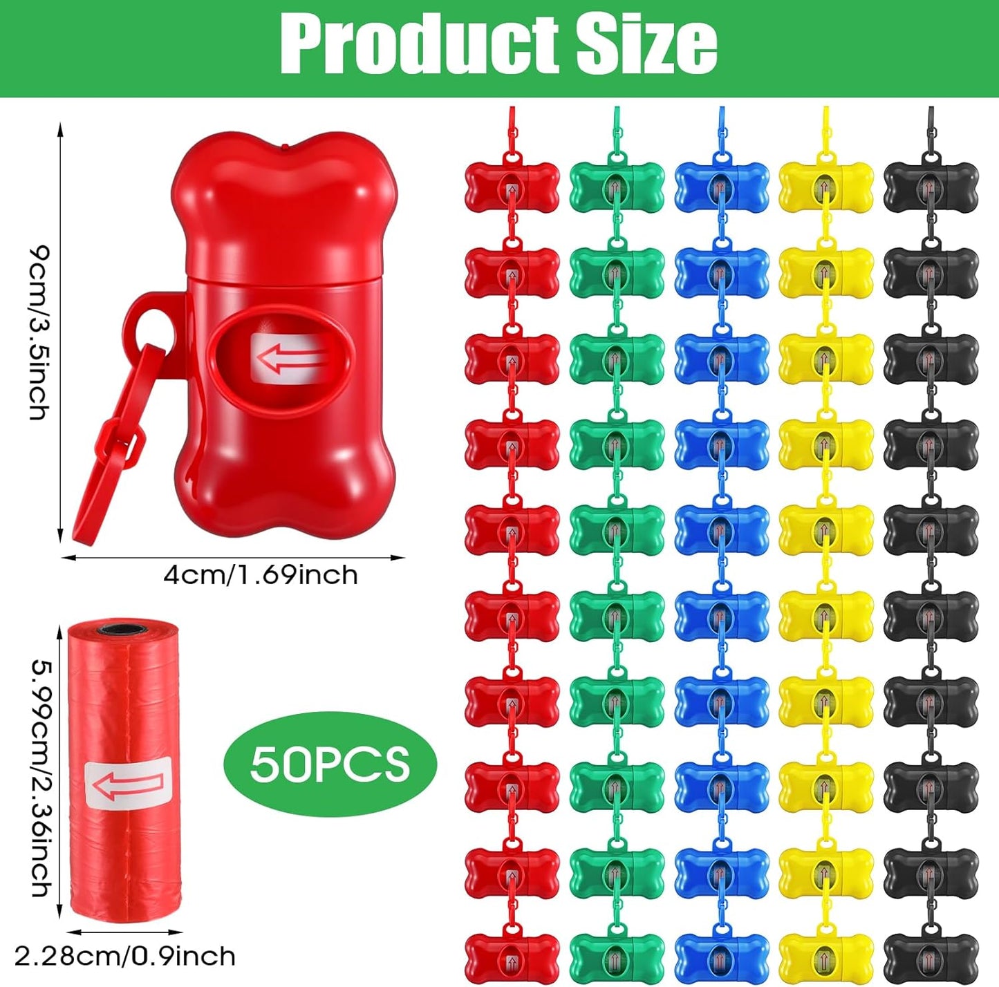 50 Pcs Bone Shape Dog Poop Bag Dispenser with Leash Hook Plastic Leak Proof Pet Waste Bag Holder for Walking Hiking Camping, 5 Colors