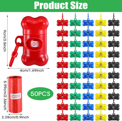50 Pcs Bone Shape Dog Poop Bag Dispenser with Leash Hook Plastic Leak Proof Pet Waste Bag Holder for Walking Hiking Camping, 5 Colors
