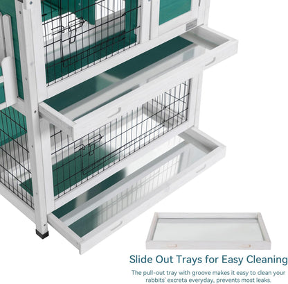 2-Story Wooden Rabbit Hutch Outdoor Indoor Bunny Cage Pull Out Tray, Roof Green Solid Wood 2-Story Durable Outdoor Indoor Easy to Clean