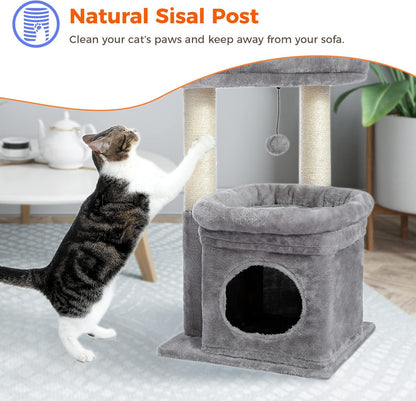 PEQULTI Cat Tree Tower for Indoor Cats with Private Cozy Cat Condo, Natural Sisal Scratching Posts and Plush Pom-pom for Small Cats
