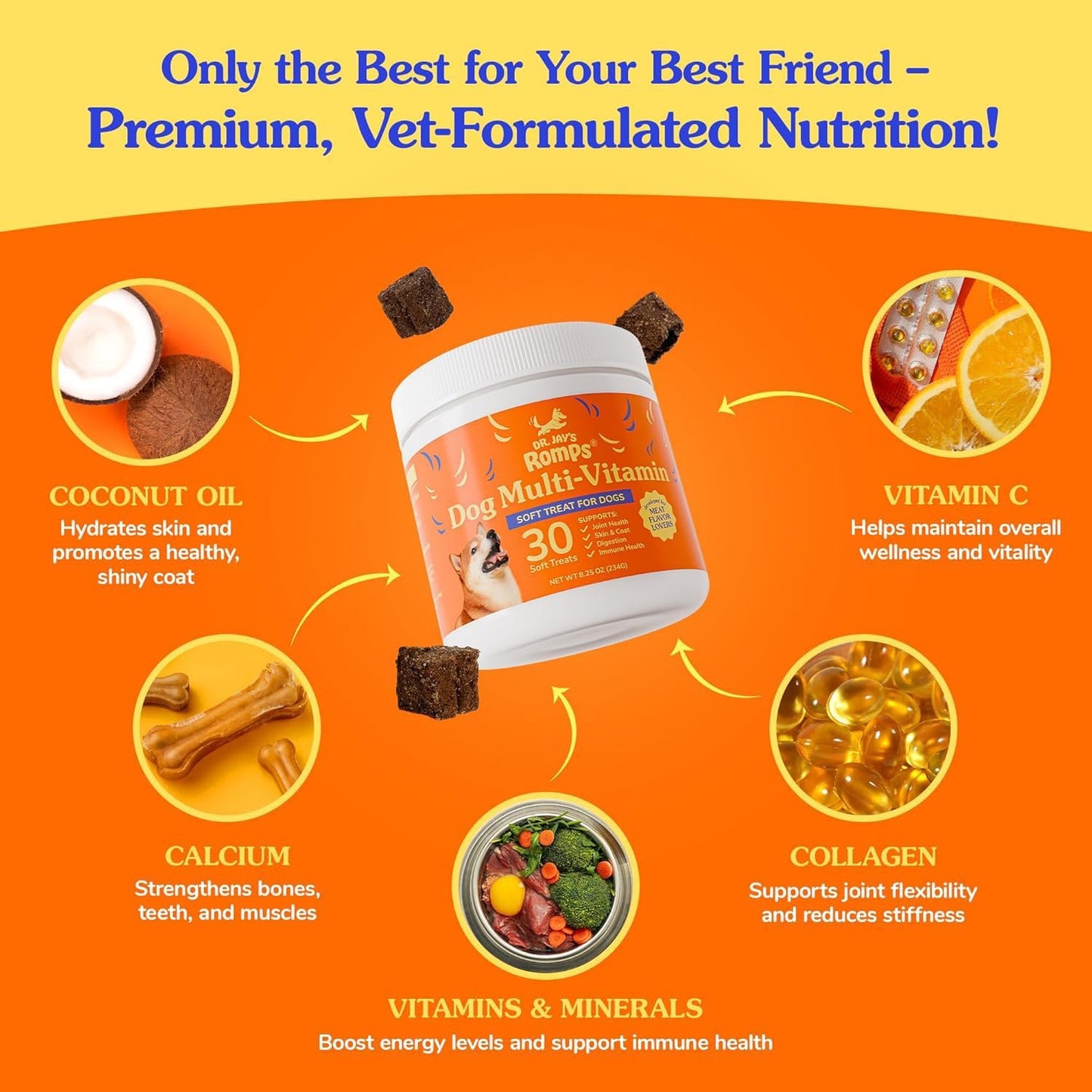 Dr Jay's Romps Multivitamins Dog Chews - Collagen Type II for Joint Health, Digestion, Skin & Coat - Vitamins and Supplements to Boost Immune System - Perfect Treats for Pets - 30 Count