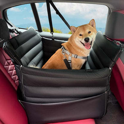 Dog Car Seats for Medium Dogs : Secure & Cushioned Pet Booster for Travel – 2-in-1 Foldable Dog Bed for Front or Back Seat, Waterproof PU Leather, Up to 45 lbs（Black）