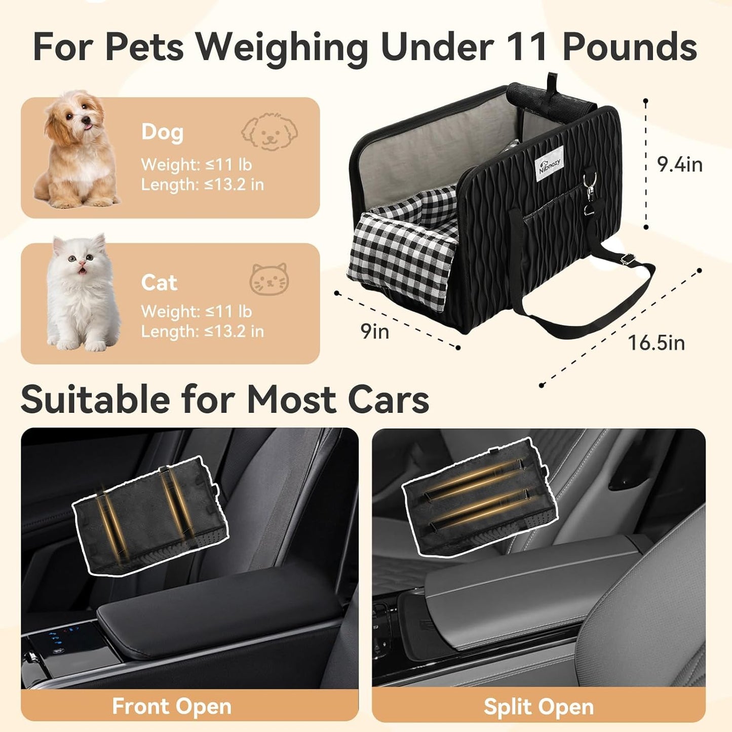 Center Console Dog Car Seat - Portable Armrest Booster Car Seats for Small Dogs, Detachable Washable Pet Carriers Puppy Essentials- Support Pet Up to 11lbs