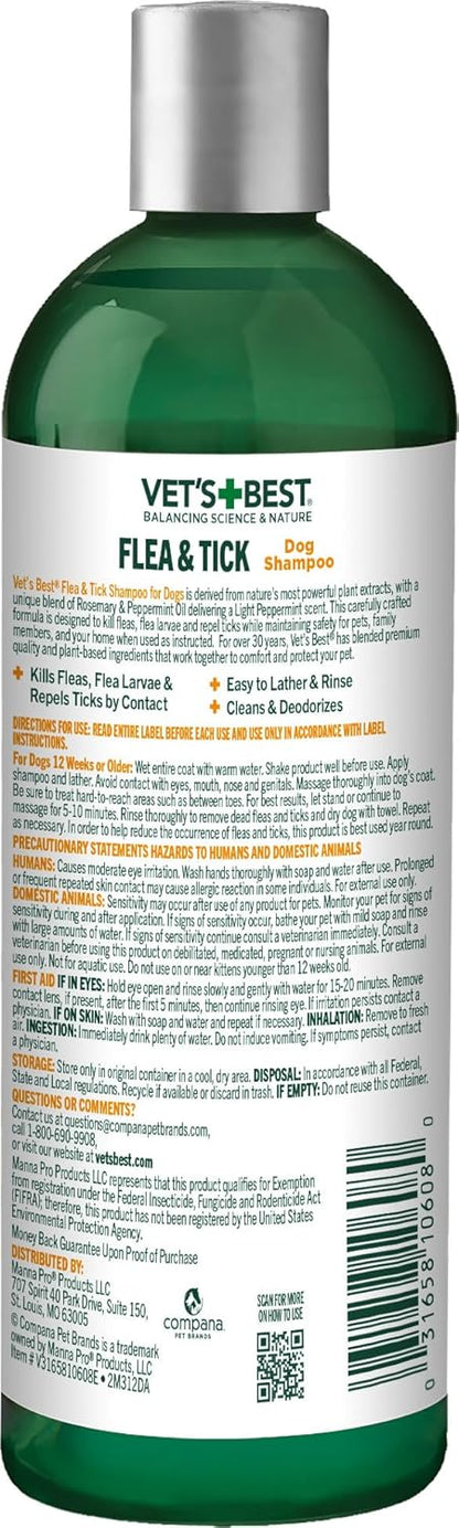 Vet’s Best Flea and Tick Shampoo for Dogs – Advanced Strength Plant-Based Formula for Flea Treatment and Prevention, Natural Flea Bath and Tick Control, Vet Recommended, Made in USA, 12 oz